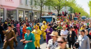 Carnival of Cultures parade in Berlin, Germany, showcasing vibrant floats, dancers, and cultural expressions.