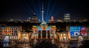Festival of Lights in Berlin, Germany, showcasing illuminated art installations at the Brandenburger Tor, October 8-17, 2025.